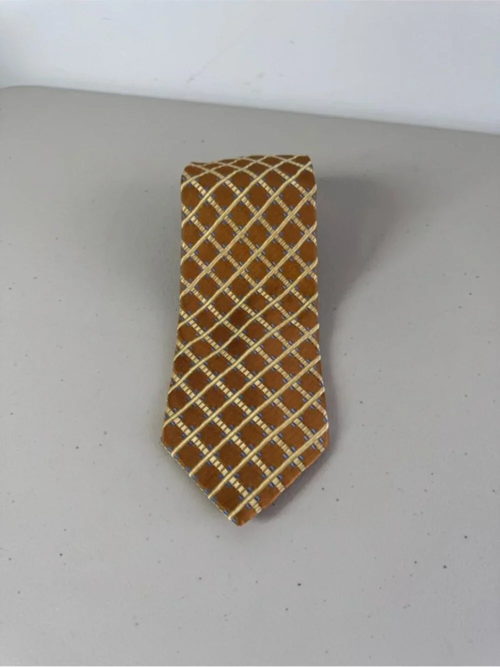 Ermenegildo Zegna Silk Necktie Gold Geometric Grid Luxury Designer Tie Classic